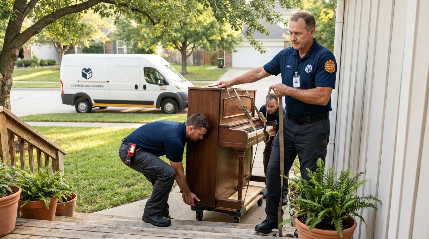 Licensed piano movers securing grand piano in South Whitley, IN