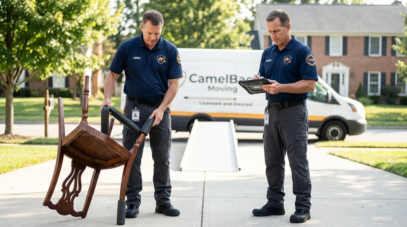 Movers inspecting furniture for damage prevention before loading in South Whitley, IN