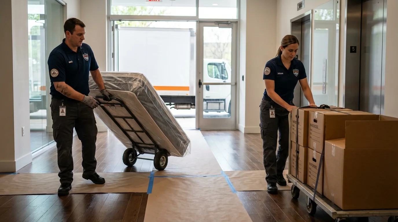 Professional apartment movers loading elevator in South Whitley, IN