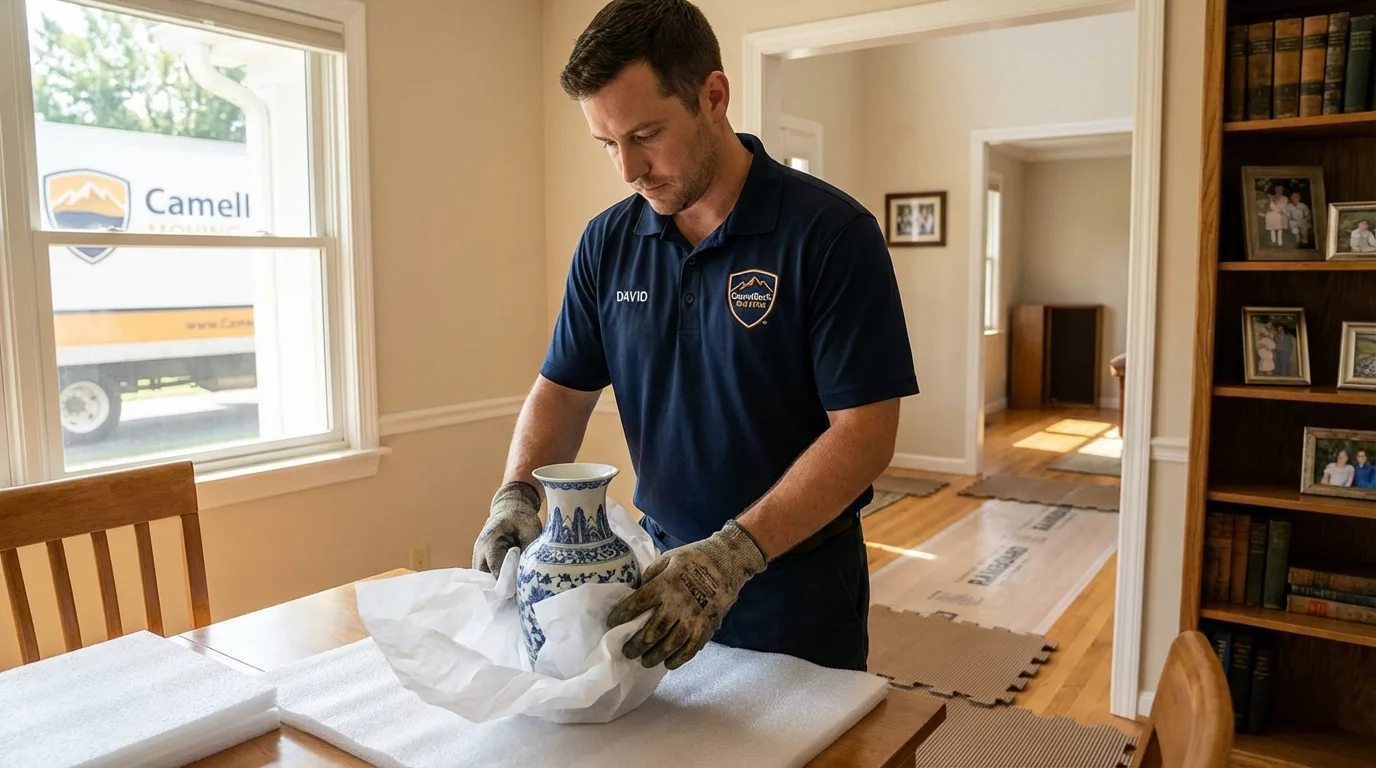 Professional crew carefully wrapping antique vase for senior downsizing move in South Whitley, IN