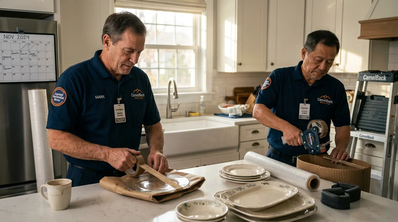 Professional crew packing kitchen dishware in South Whitley, IN